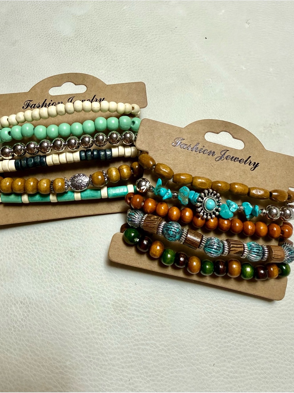 Lot of 2 - Boho Multi-Strand Beaded  Staking Bracelet - Turquoise, Brown & Cream